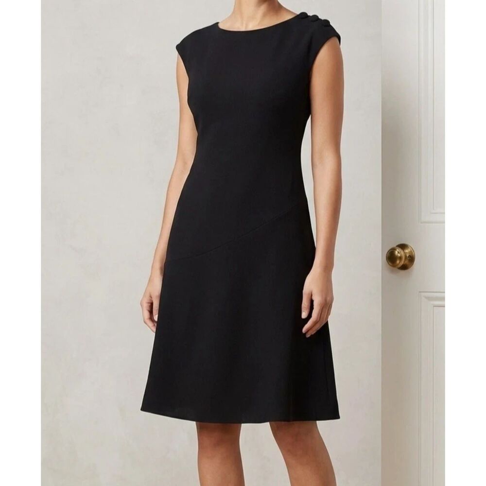 LRL Ralph Lauren Dress Womens 2 Black Sheath Ponte Button Shoulder minimalist